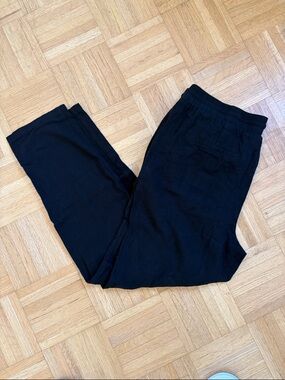 Black Linen Blend Casual Drawstring Pants